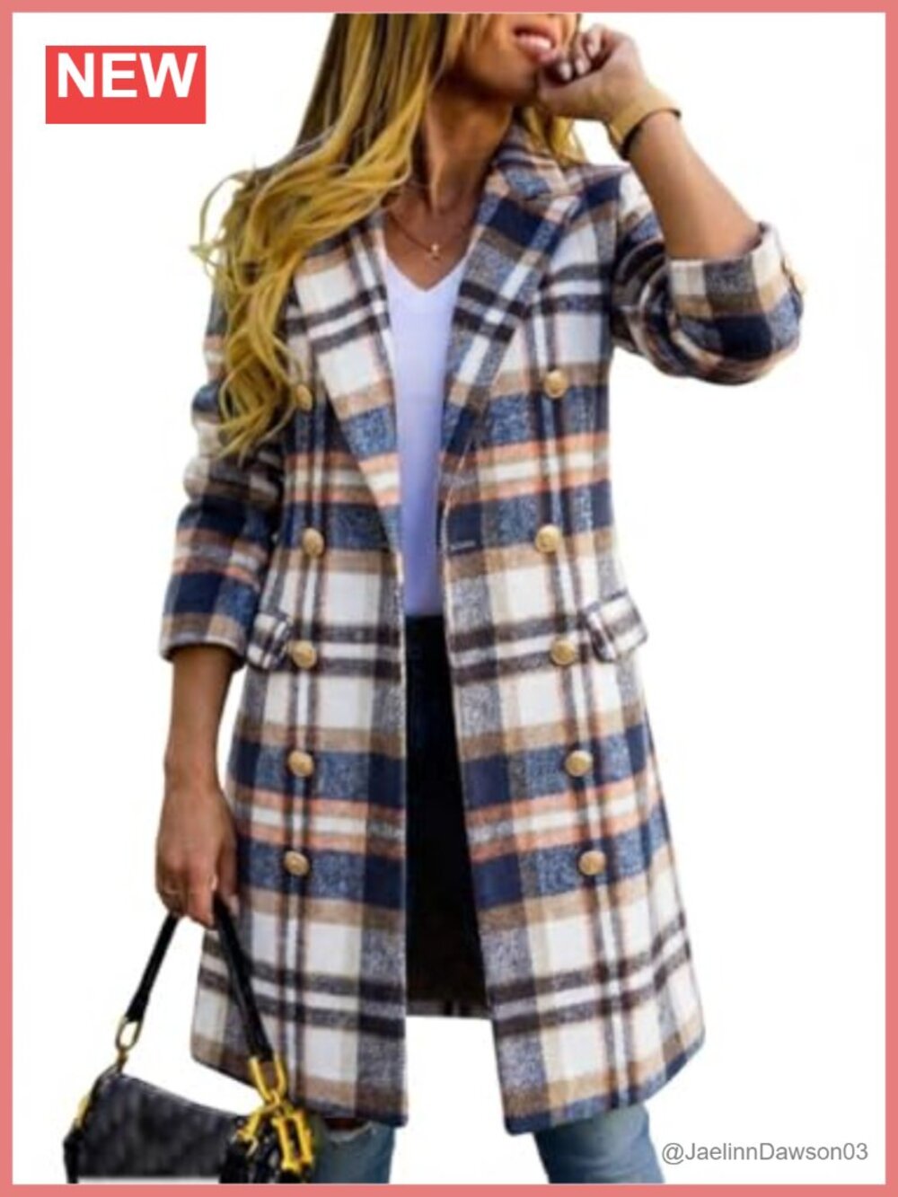 Long Plaid Wool Blend Pea Coat Double Breasted Trench Coat